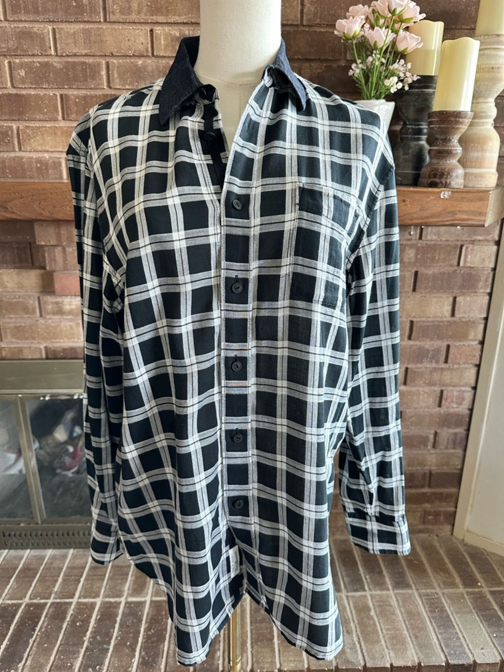 rag & bone Black White Plaid Button Down Shirt Denim Collar Shirt XS